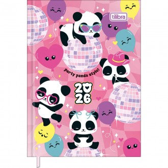 Agenda Costurada Mini 7,8 x 10,8 cm Lovely Friend 2026  - Pandas - Fundo Rosa