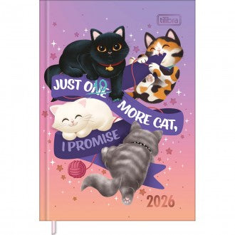 Agenda Costurada Petit 10,5 x 14,8 cm Purrfect Cats 2026 - Degradê Rosa e Laranja