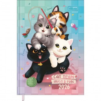 Agenda Costurada Petit 10,5 x 14,8 cm Purrfect Cats 2026  - Degradê Verde, Azul e Rosa