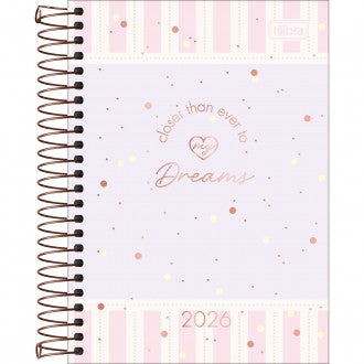 Agenda Espiral Diária 12,9 x 18,7 cm Soho 2026 - Fundo Lilás com Listras Rosa - Sortido