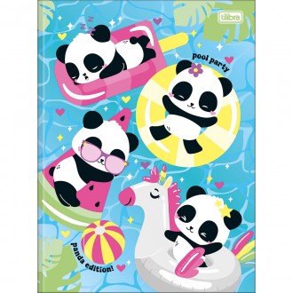Caderno Brochura Capa Dura Universitário Lovely Friend 80 Folhas - Pandas - Fundo Azul Piscina - Sortido