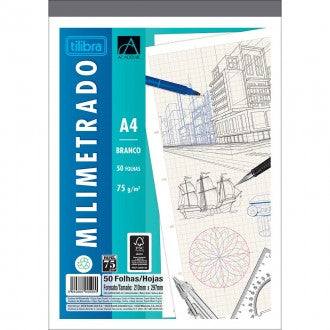 Caderno Colado Milimetrado A4 Branco Académie 50 Folhas (Pacote com 5 unidades)