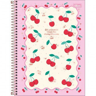 Caderno Espiral Capa Dura Universitário 10 Matérias Amarena 160 Folhas - Capa Com Borda Rosa E Cerejas