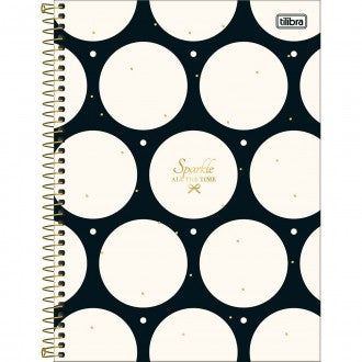 Caderno Espiral Capa Dura Universitário Connect 10 Matérias West Village 160 Folhas - Fundo Preto Bolas Brancas - Sortido