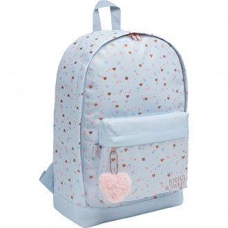 Mochila de Costas Académie Coração Metalizado Azul com detalhes Rosé
