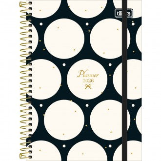 Planner Espiral 12,9 x 18,7 cm West Village 2026 - Fundo Preto e Bolas Brancas - Sortido