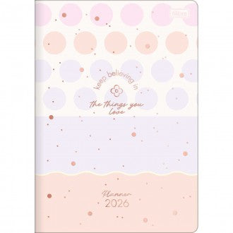 Planner Grampeado 17,8 x 25,4 cm Soho 90 G 2026 - Fundo Bege com Bolas Coloridas - Sortido
